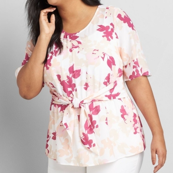 Lane Bryant Feminine Classy Short Sleeve Floral Tie Front Blouse Top NWT 34/36 - Picture 1 of 13